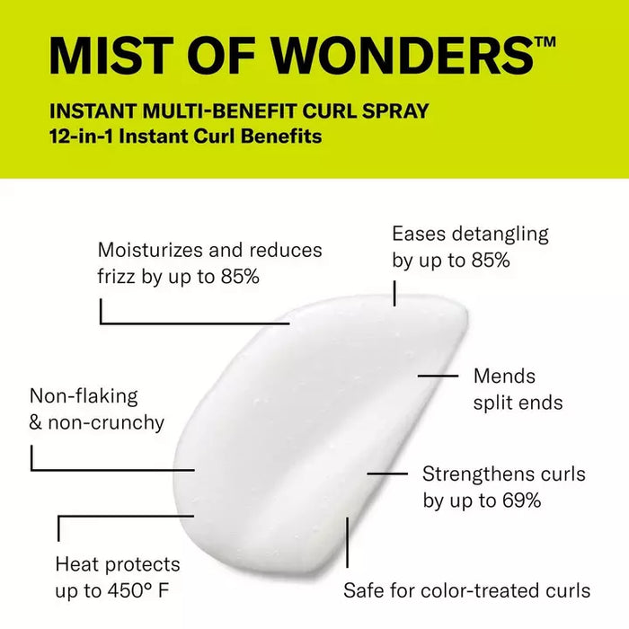 Deva Curl Mist of Wonders - Leave-In Instant Multi-Benefit Curl Spray moisturizes and reduces frizz by up to 85%, eases detangling by up to 85%, mends split ends, strengthens curls by up to 69%, non-flaking & non-crunchy, heat protects up to 450 deg. F, and safe for color-treated curls