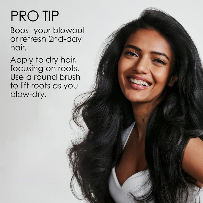 Olaplex Volumizing Blow Dry Mist can also be used to enhanced 2nd-day hair. Apply to dry hair, focus on roots and use a round brush to lift roots as you blowdry