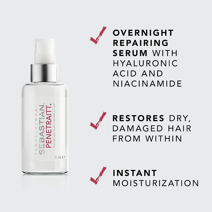 Sebastian Penetraitt Overnight Repair Repair Serum with hyaluronic acid and niacinamide. Restores dry damaged hair from within. Instant moisturization