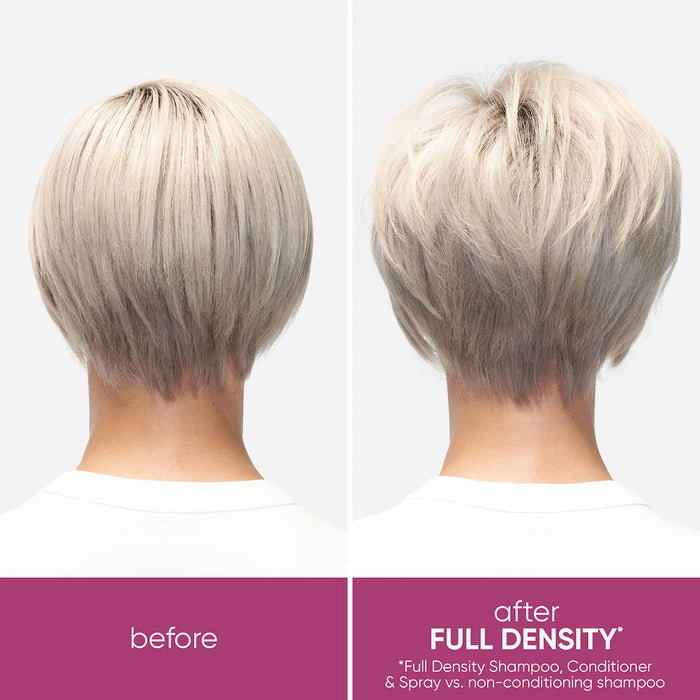 Biolage Full Density Densifying Leave-in Spray before and after pictures show more voluminous hair that is textured and not laying flat