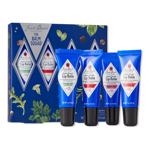 Jack Black The Balm Squad set including flavors, Natural Mint & Shea Butter, Limited Edition Black Cherry,  Limited Edition Passion Fruit, and Limited Edition Watermelon.