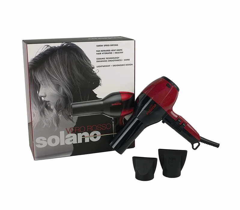 Solano Vero Rosso Hair Dryer includes 2, varying sized, concentrator nozzles