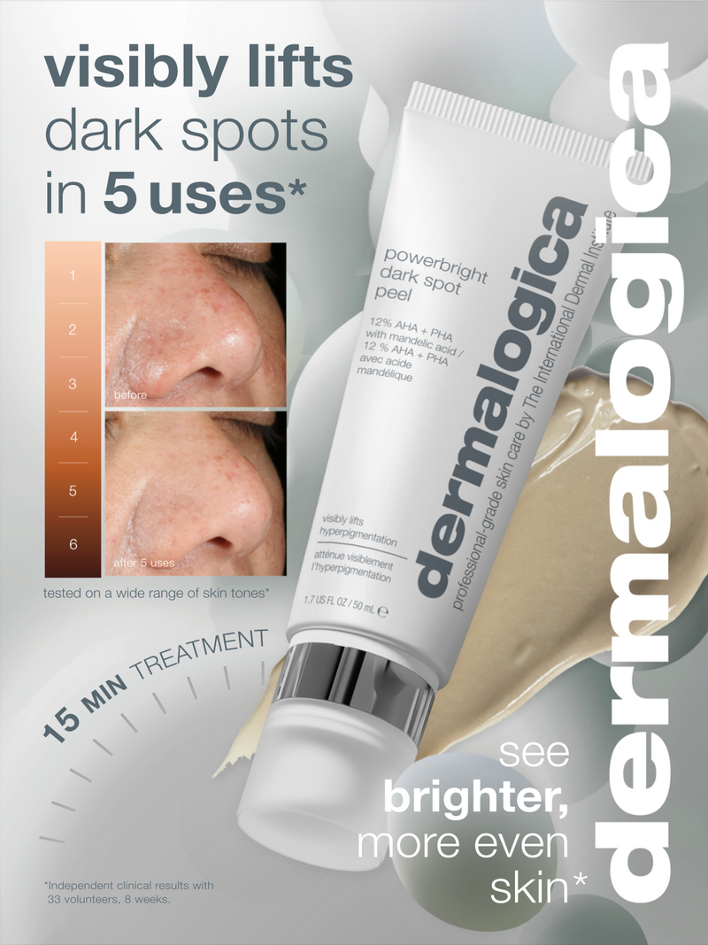 Dermalogica Powerbright Dark Spot Peel visibly lifts dark spots in 5 uses according to independent clinical results