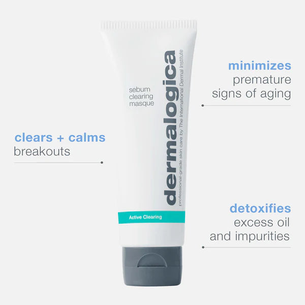 Dermalogica Active Clearing Sebum Clearing Masque clears + calms breakouts, minimizes premature signs of aging, and detoxifies excess oil and impurities