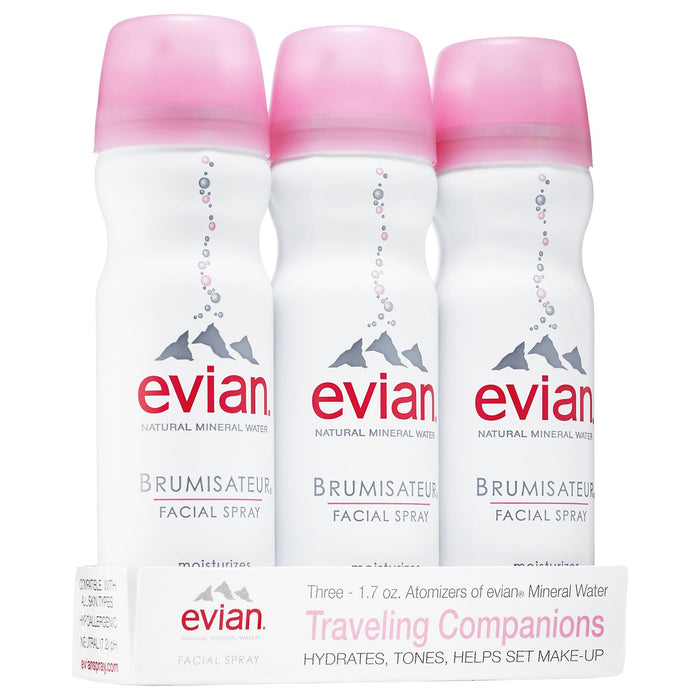 Evian Natural Mineral Water Facial Spray Traveling Companions - Three 1.7oz. cans