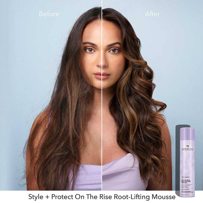 Side to side comparison of using Pureology Style + Protect On The Rise Root Lifting Mousse. Before side shows dull, lack of volume and no shine hair. After photo shows full of volume, shine and texture hair.