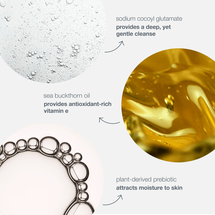 Dermalogica Oil to Foam Total Cleanser utilizes sodium cocoyl glutamate, sea buckthorn oil, and plant-derived prebiotic.