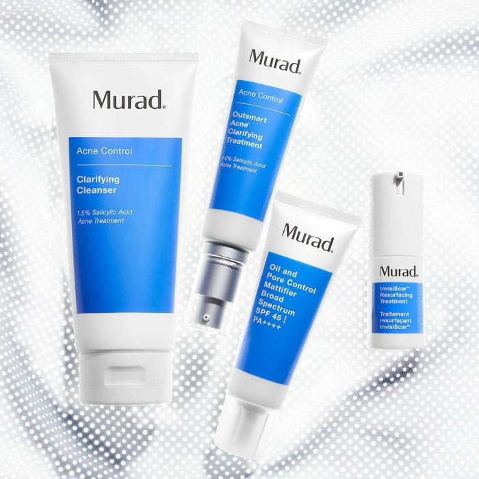 Murad Acne Control system: Clarifying Cleanser, Outsmart Acne Clarifying treatment, Oil and Pore Control Mattifier, Invisiscar Resurfacing Treatment