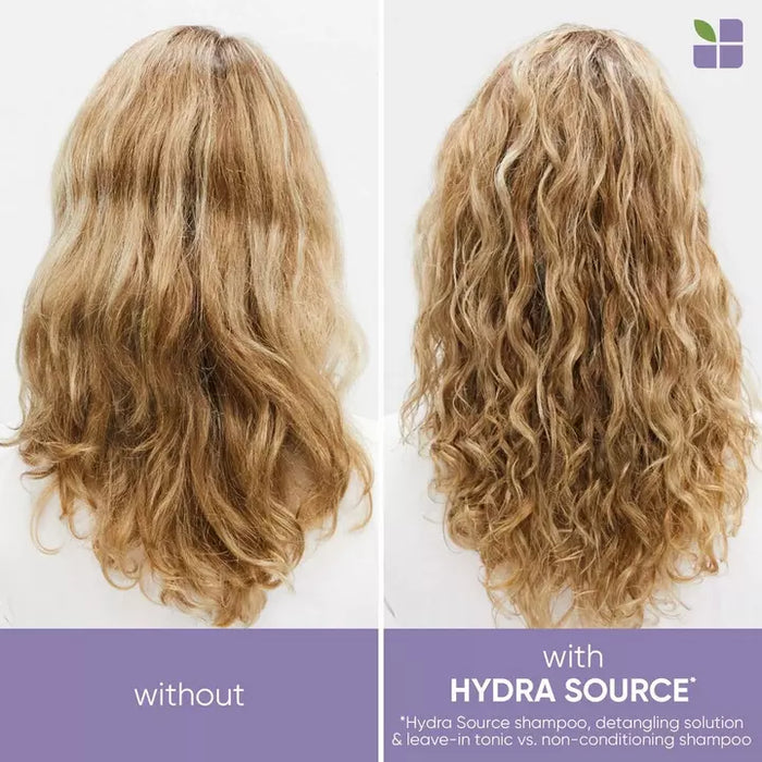Matrix Biolage Hydra Source Detangling Solution before and after reveals hydrated hair with improved texture and manageability when styling