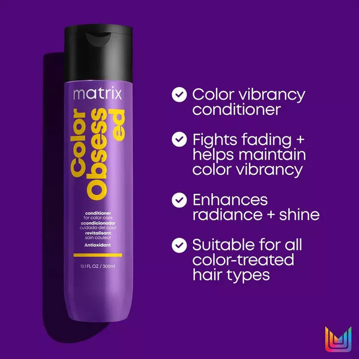 Matrix Total Results Color Obsessed Conditioner fights fading and helps maintain color vibrancy. Enhances radiance and shine and is suitable for all color-treated hair types