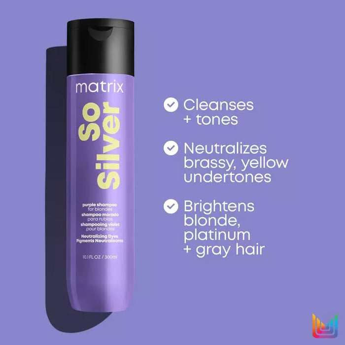 Matrix Total Results So Silver Shampoo for Blonde and Silver Hair neutralizes brassy, yellow undertones