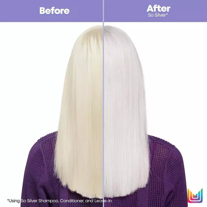 Matrix Total Results So Silver Shampoo for Blonde and Silver Hair before and after use reveals neutralized brassy tones