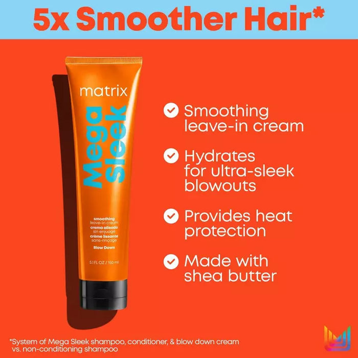 Matrix Total Results Mega Sleek Blow Down is a smoothing leave-in cream, provides heat protection, and hydrates for ultra-sleek blowouts