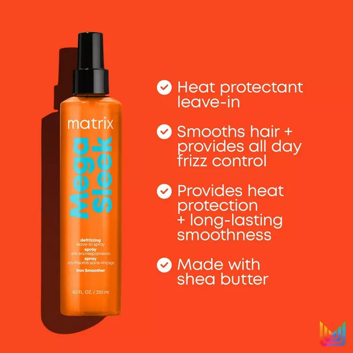 Matrix Total Results Mega Sleek Iron Smoother protects against heat, smooths hair and provides frizz control, and is made with shea butter