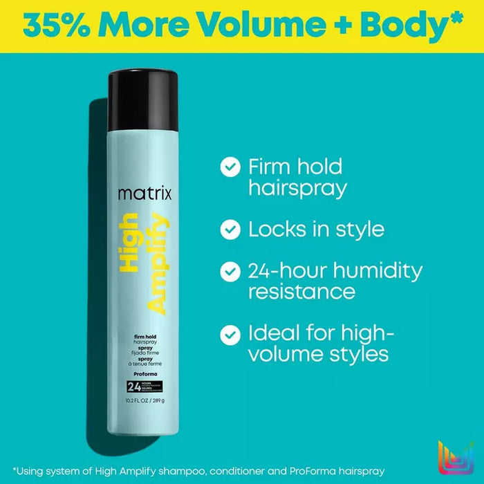 Matrix Total Results High Amplify Proforma Hairspray is a firm hold hairspray that locks in style and provides 24hr humidity resistance
