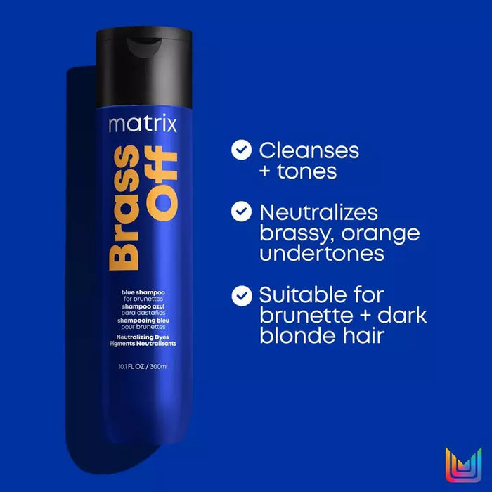 Matrix Total Results Brass Off Shampoo cleanses and tones while neutralizing brassy, orange undertones. Suitable for brunette + dark blonde hair