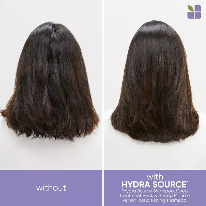 Matrix Biolage Hydra Foaming Styler before and after use shows less unruly hair and sleeker finish after use
