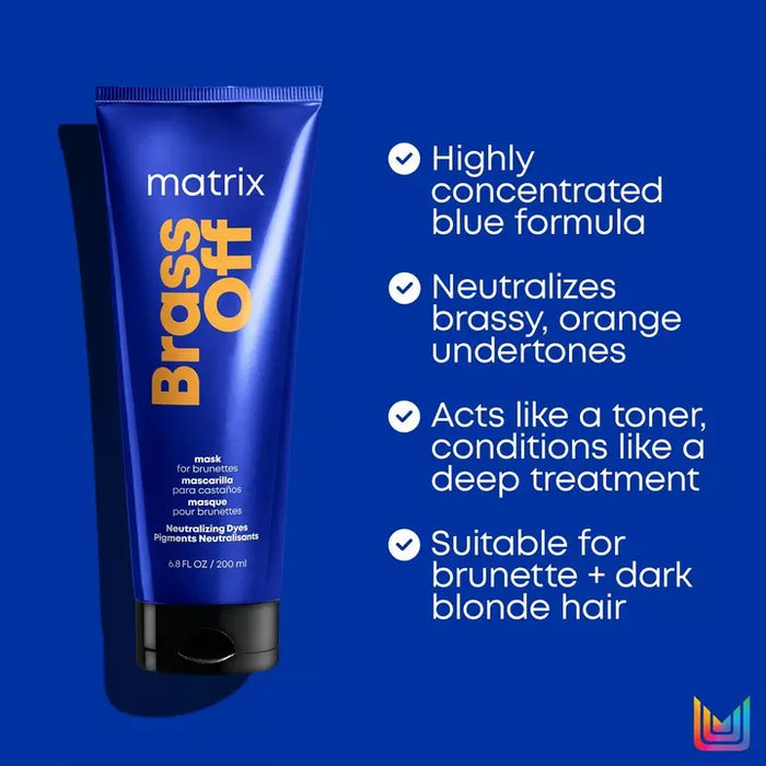 Matrix Total Results Brass Off Custom Neutralization Hair Mask has a highly concentrated blue formula to neutralize brassy, orange undertones. Acts like a toner, conditions like a deep treatment. Suitable for brunette + dark blonde hair