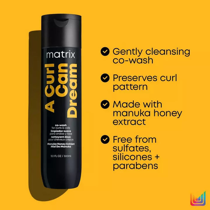 Matrix Total Results A Curl Can Dream Co-wash is a gentle cleanser that preserves curl pattern. Made with manuka honey extract and free from sulfates, silicones + parabens