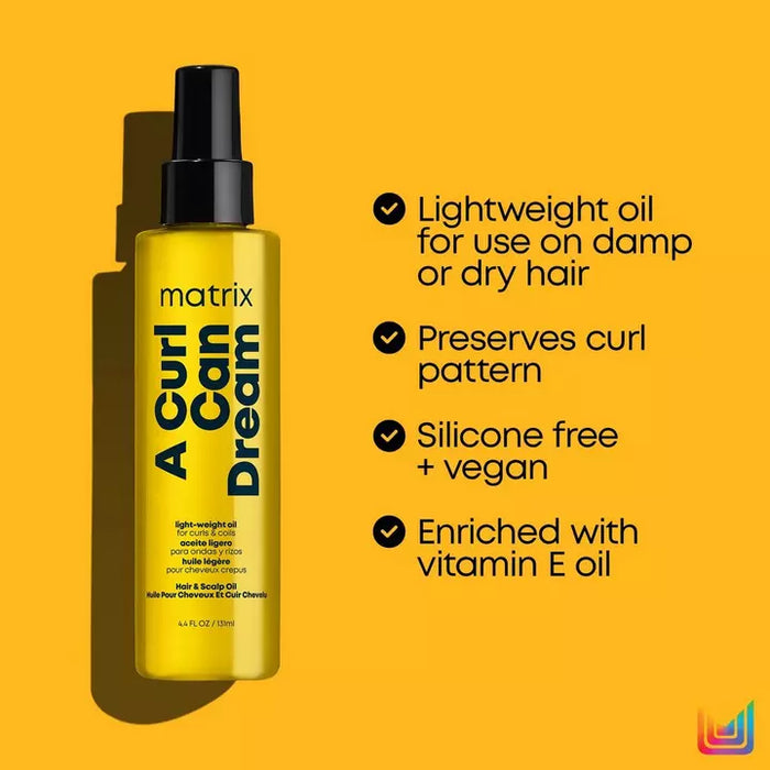 Matrix Total Results A Curl Can Dream Lightweight Oil is a lightweight oil for use on damp or dry hair to preserve curl pattern. Silicone free + vegan and is enriched with vitamin E oil