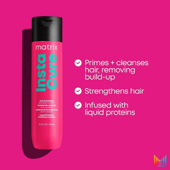 Matrix Total Results Instacure Anti-Breakage Shampoo primes + cleanses hair, removing build-up and strengthens hair 