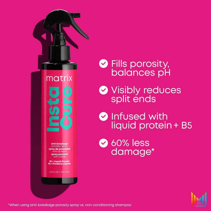 Matrix Total Results Instacure Anti-Breakage Porosity Spray fills porosity, visibly reduces split ends and is infused with liquid protein + B5