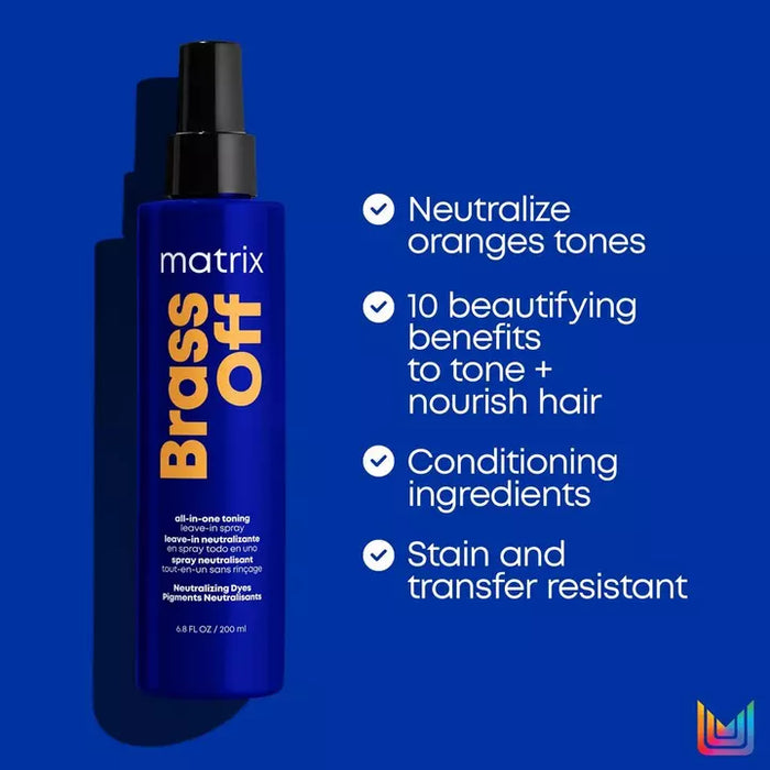 Matrix Total Results Brass Off All-In-One Toning Leave In Spray neutralizes orange tones while conditioning 