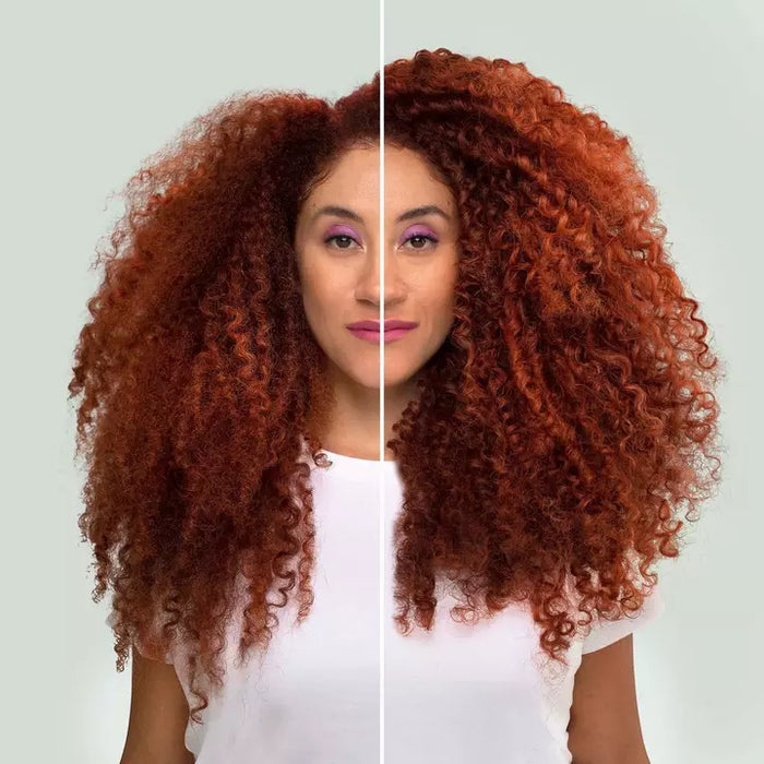 Deva Curl Devafast Dry Accelerator Spray on Deva Curl model to showcase before and after results.