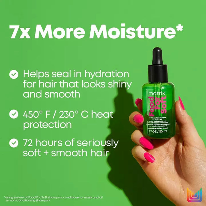 Matrix Total Results Food For Soft Multi-Use Hair Oil Serum helps seal in hydration for hair and provides 450 degree heat protection
