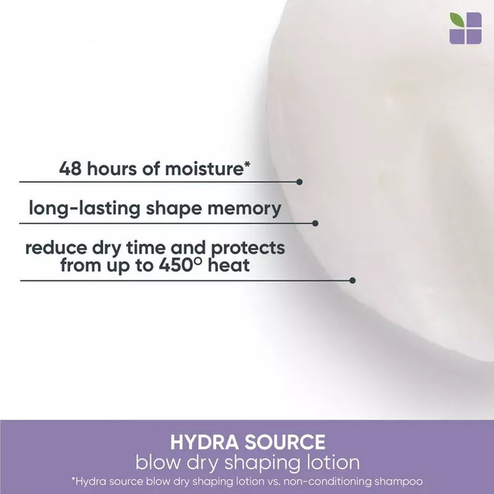 Biolage Hydra Source Blow Dry Shaping Lotion gives 48 hours of moisture and long-lasting shape memory and protects up to 450deg. of heat
