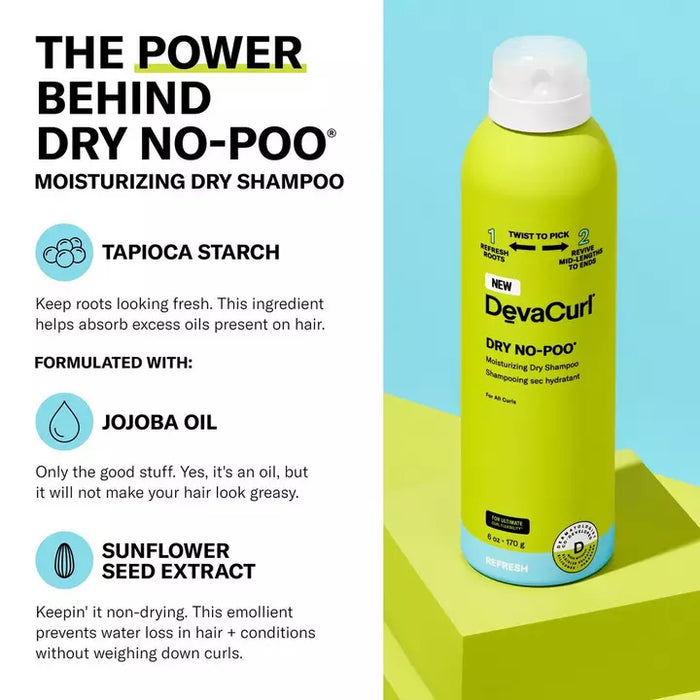 Deva Curl Dry No-Poo Moisturizing Dry Shampoo uses tapioca starch do absorb excess oils present on hair, but is also formulated with jojoba oil and sunflower seed extract