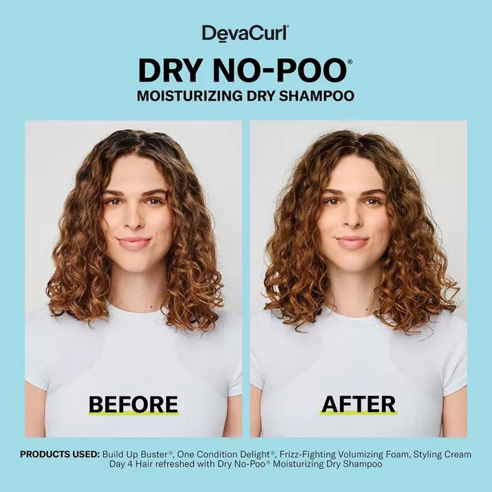 Model used Deva Curl build-up buster, one condition delight, frizz fighting volumizing foam, styling cream and refreshed with Dry No-Poo Dry Shampoo to achieve a more voluminous root section