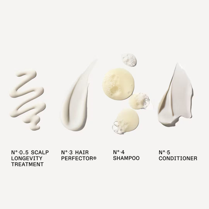 Product droplets labeled as 'Scalp Longevity Treatment', 'Hair Perfector', 'Shampoo', and 'Conditioner' on a white background.