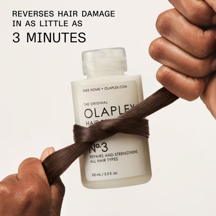 Olaplex hair product with a bottle labeled 'No.3' and text claiming to reverse hair damage in 3 minutes.