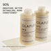 Olaplex shampoo and conditioner bottles on a white background with text about product benefits.