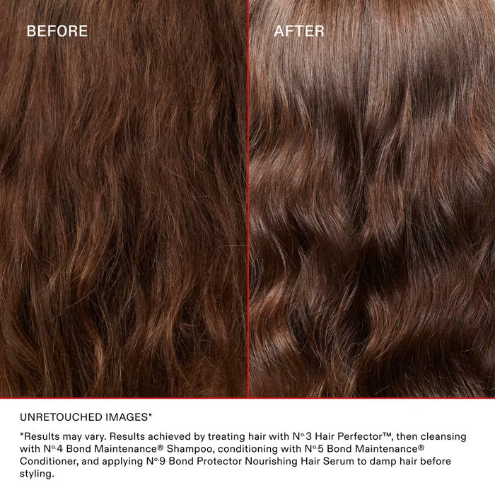 Before and after comparison of hair treatment on brown hair.
