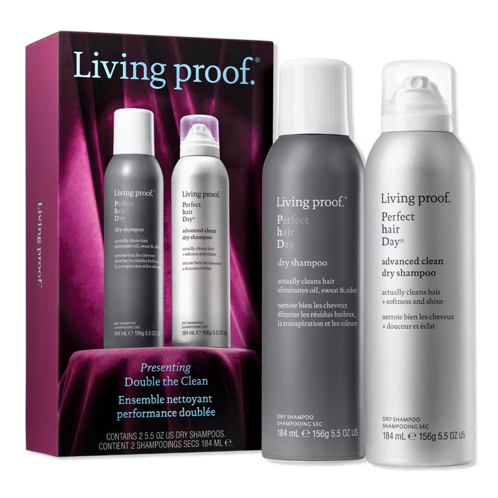Living Proof dry shampoo set with packaging on a white background