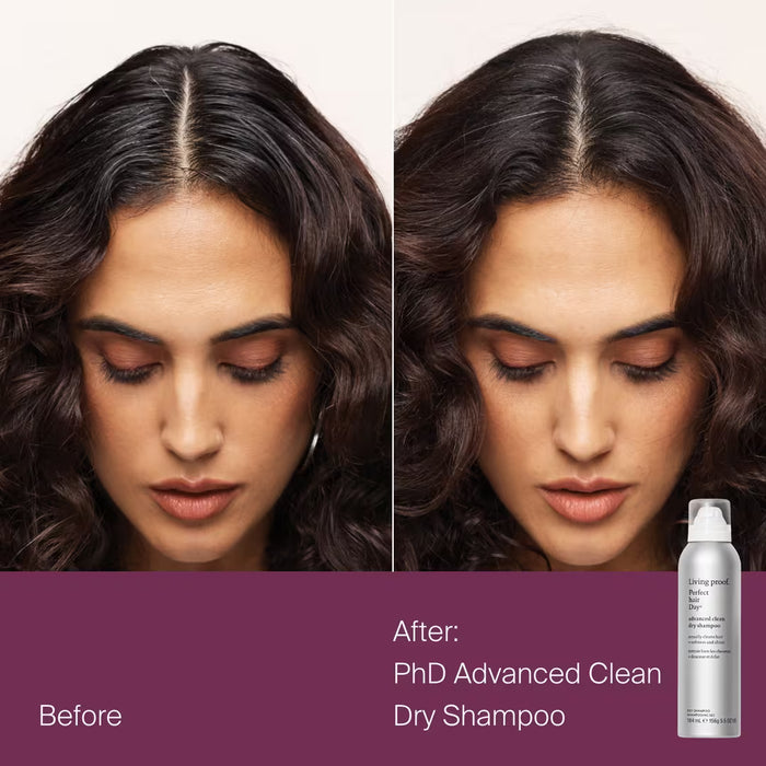 Before and after comparison of a woman's hair using PhD Advanced Clean Dry Shampoo.