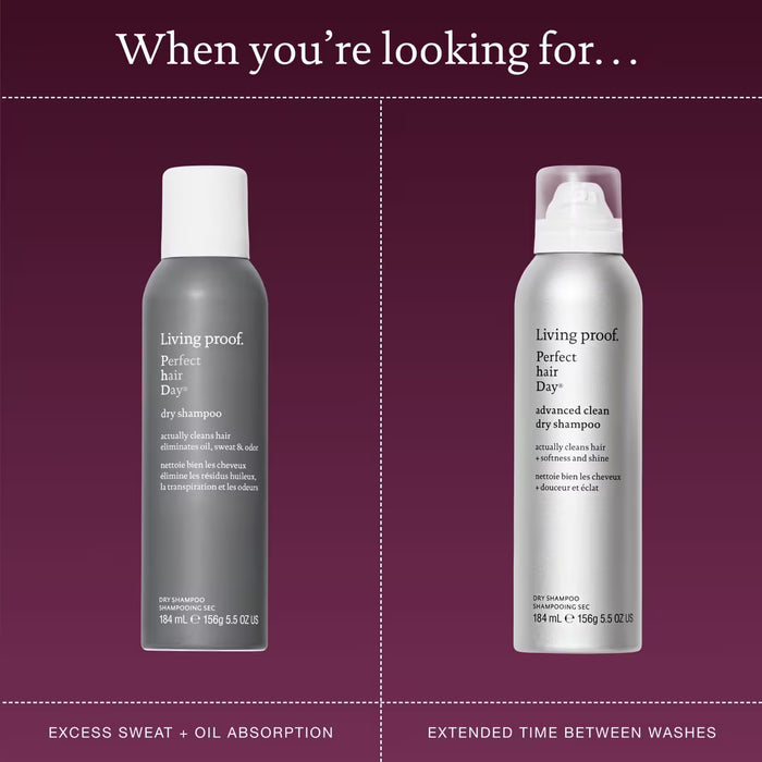 Two bottles of Living Proof Perfect hair Day dry shampoo on a purple background