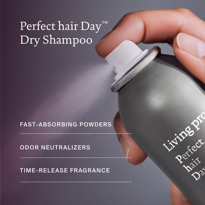 Living Proof Perfect hair Day dry shampoo being used with text highlighting product features.
