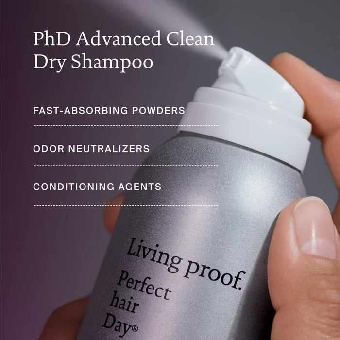Living Proof PhD Advanced Clean Dry Shampoo being held with product details listed.