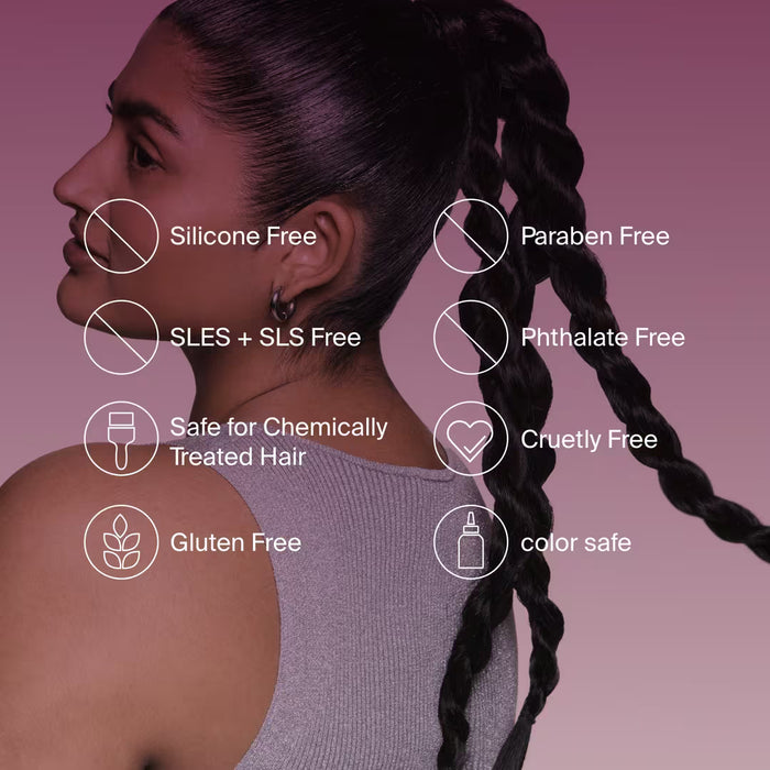 Woman with braided hair against a purple background with product safety features listed.