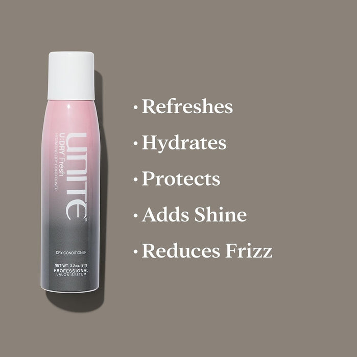 Unite U:DRY Fresh Dry Conditioner on a brown background with text of benefits