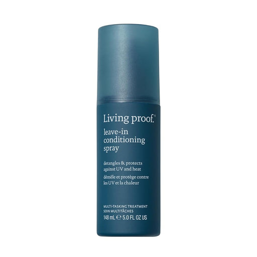 Blue bottle of Living Proof Leave-In Conditioning Spray 5oz. on a white background