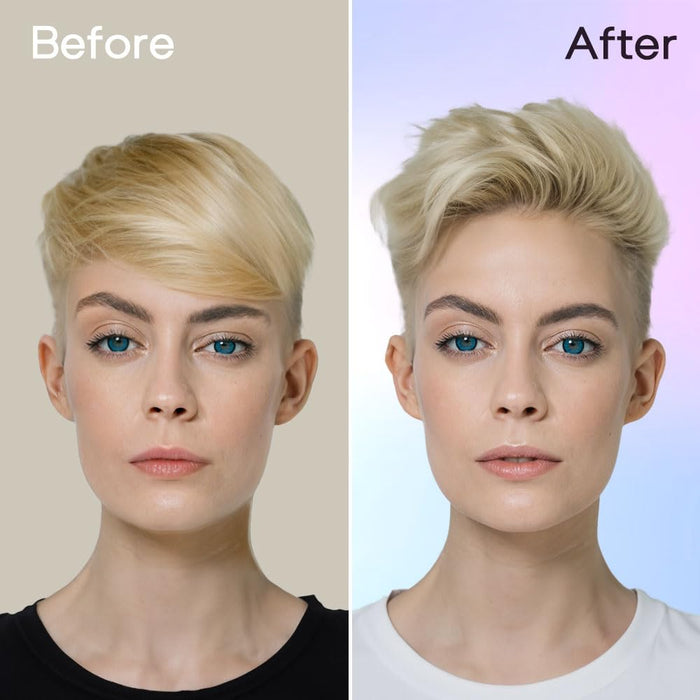 Before and after comparison of a woman with blonde hair against a beige and blue background.