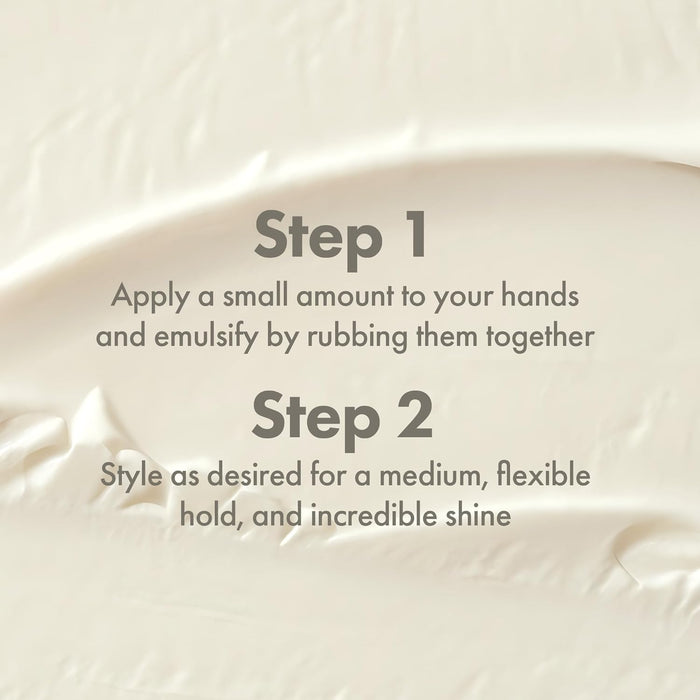 Two step instructions for using a hair product with a close-up of the product.
