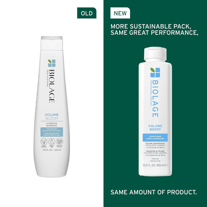 Old vs new packaging of Biolage Volume Boost Conditioner