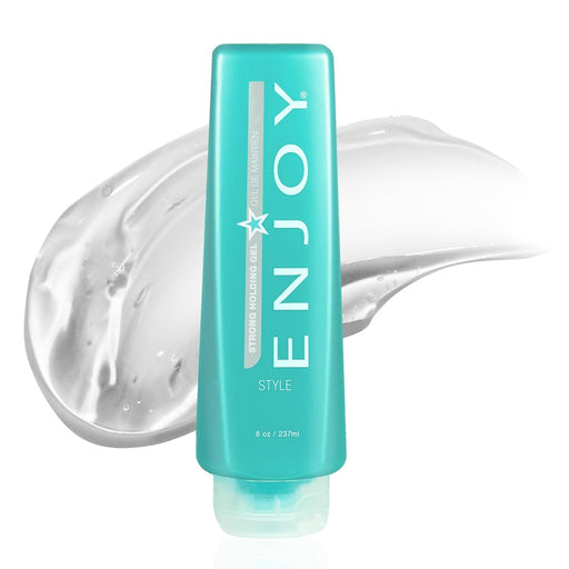 Turquoise bottle of 'ENJOY Strong Hold Gel' hair product with a white star logo on a white background