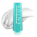 Turquoise bottle of 'ENJOY Strong Hold Gel' hair product with a white star logo on a white background
