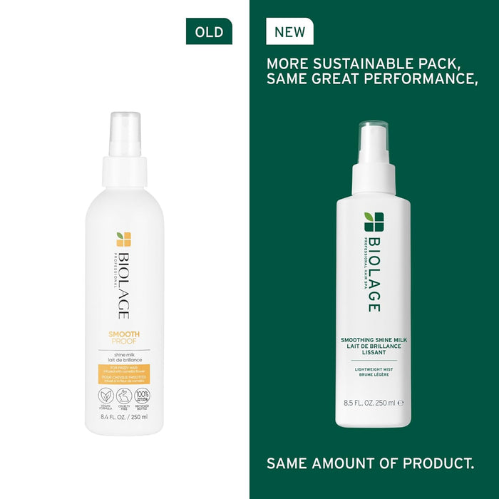 Old vs new packaging of Biolage Styling Smoothing Shine Milk 